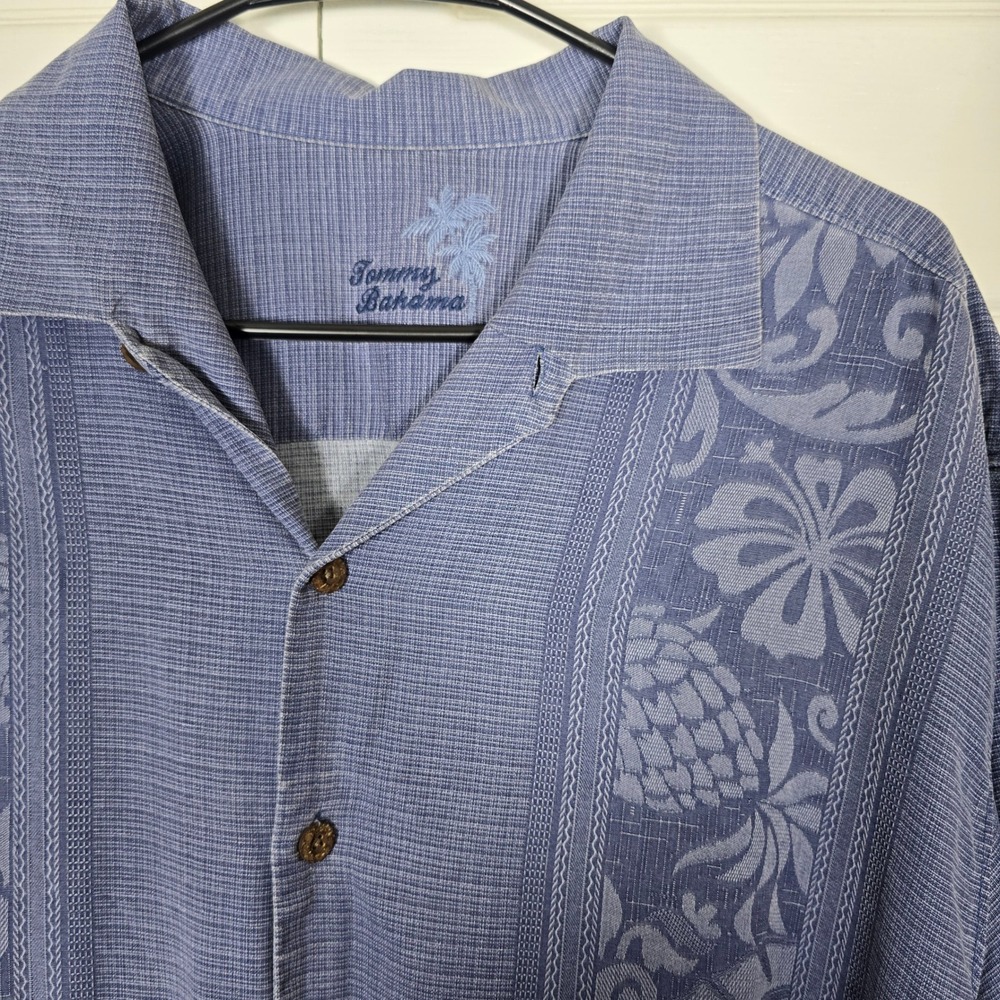 Tommy Bahama Men's XL Blue 100% Silk Tropical Pineapple Floral Camp Shirt